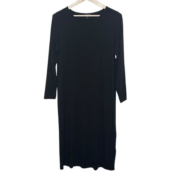 Eileen Fisher Stretch Jersey Knit Jewel Neckline Midi Dress Large Petite Black - Picture 2 of 6